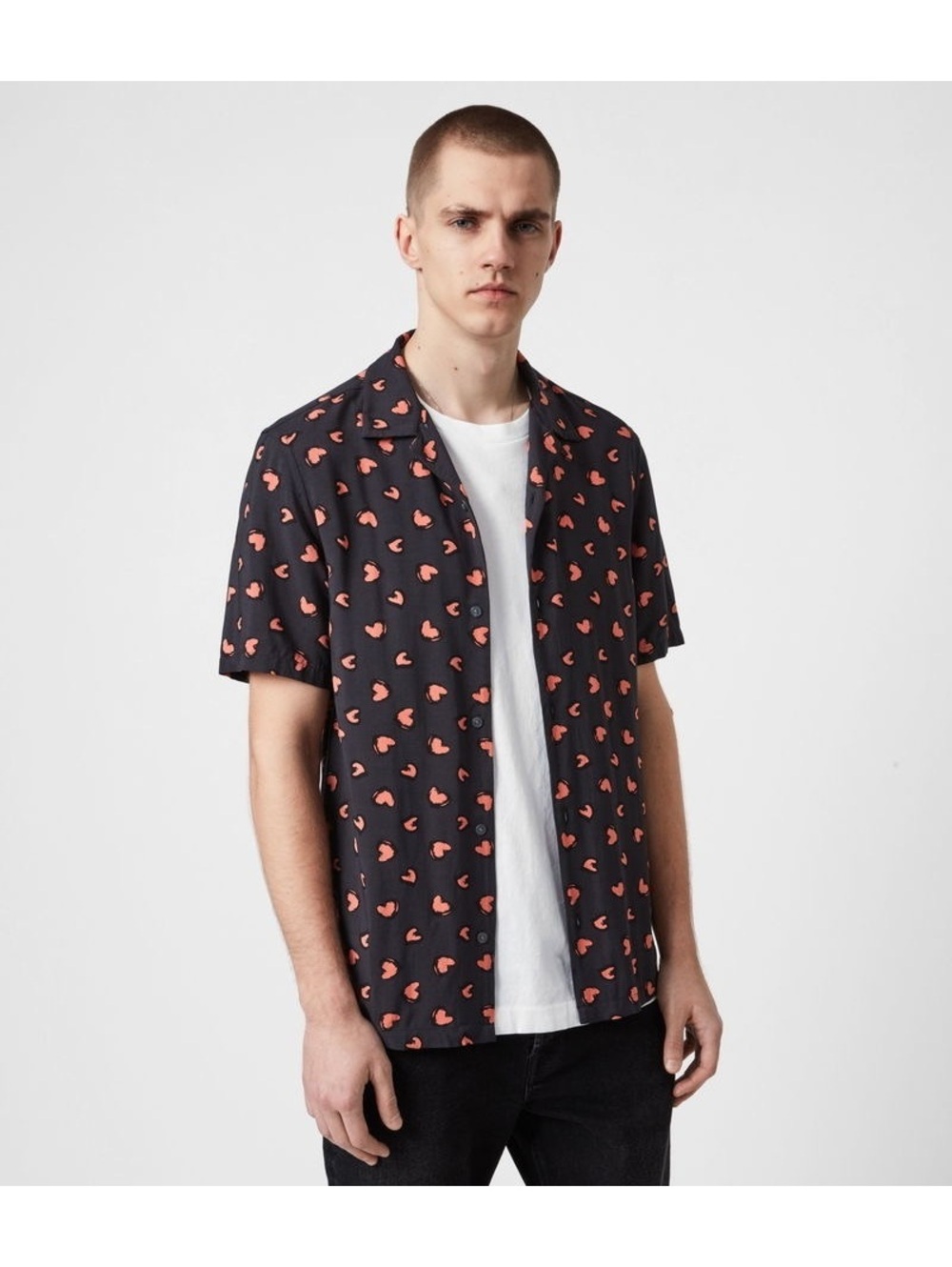 AllSaints Romanza Men's Button-Up Shirt Viscose Heart Print Black XL